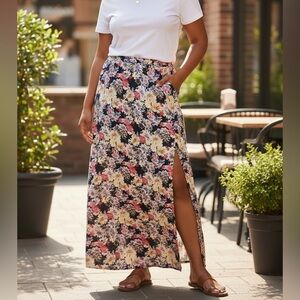 Ina 1X Multicolor Floral Maxi Skirt Double Front Side Slits Plus Size NWOT